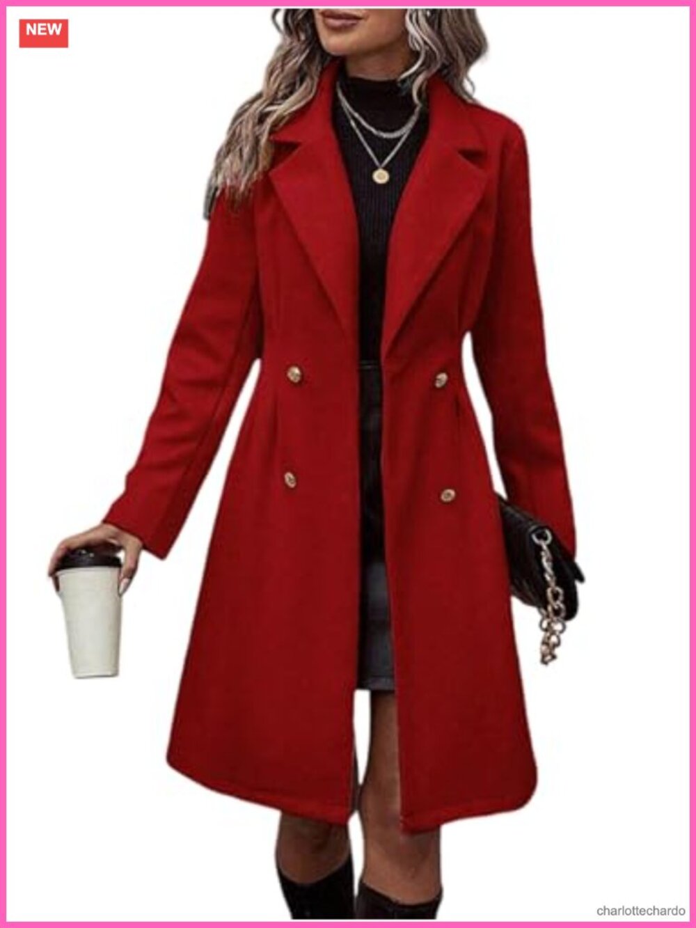 Women's Double Breasted Long Wool Pea Coat Notched Lapel Slim Fit Overcoat